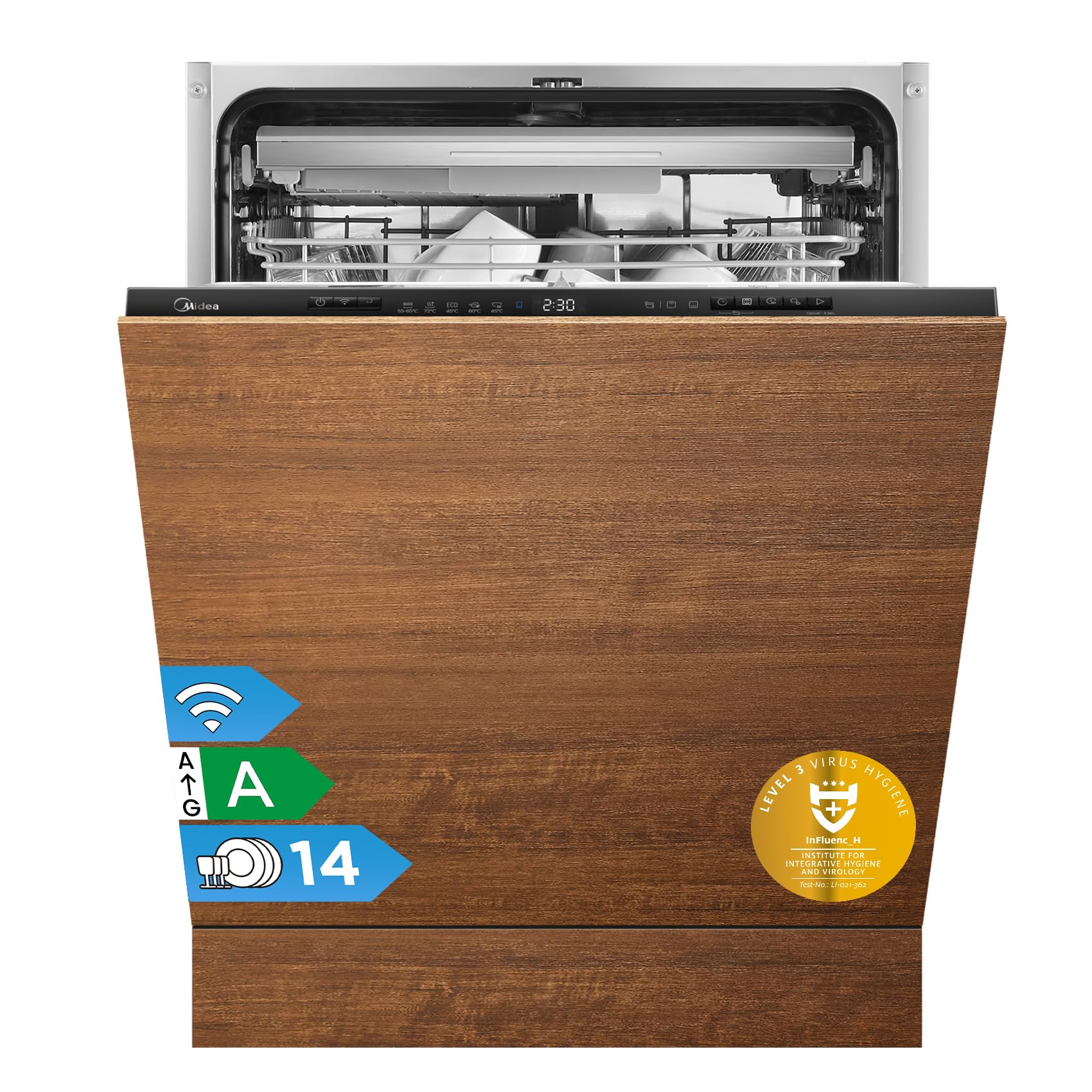 Midea MDWEB1403MB-EA Spülmaschine Vollintegriert 60 cm, 14 Maßgedecke, 9 Programme, Automatische Türöffnung, LED Display, 1/2 Halbe Ladung, Startverzögerung, Geschirrspüler Einbaugerät mit WIFI, 42dB