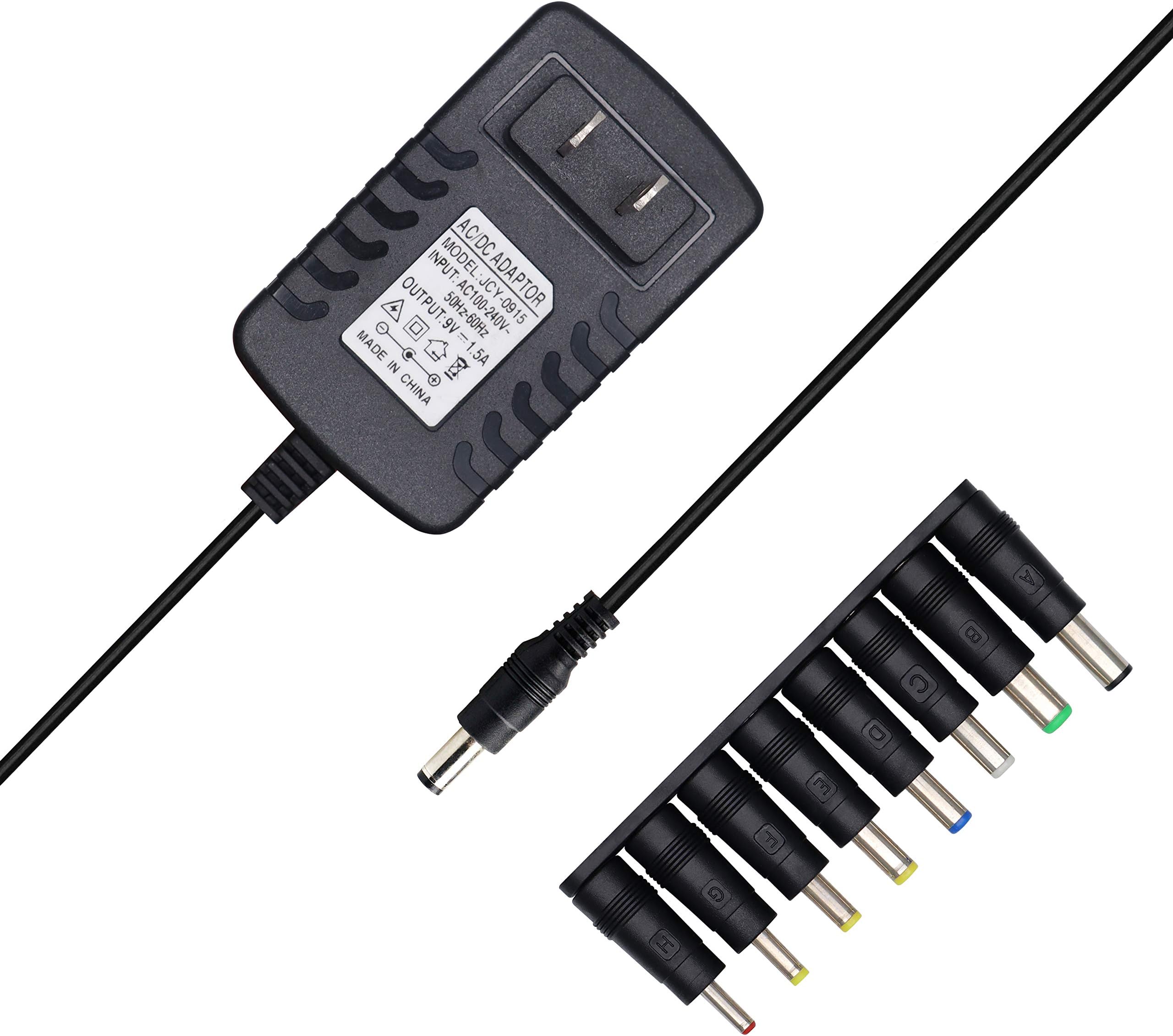 Excelity AC-DC 9V 1.5A Wall Charger 5.5x2.1mm Tip with 8 Selectable Tips