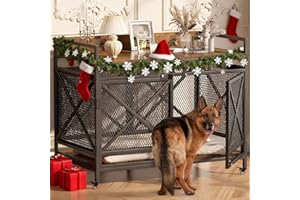 COZPAW Large Dog Crate Furniture, 48 Inch Wooden Dog Kennel for XLarge Dogs, Heavy Duty Dogs Furniture Indoor Wire Dog Cage with Caster Wheels, Decorative Pet House End Table, Brown