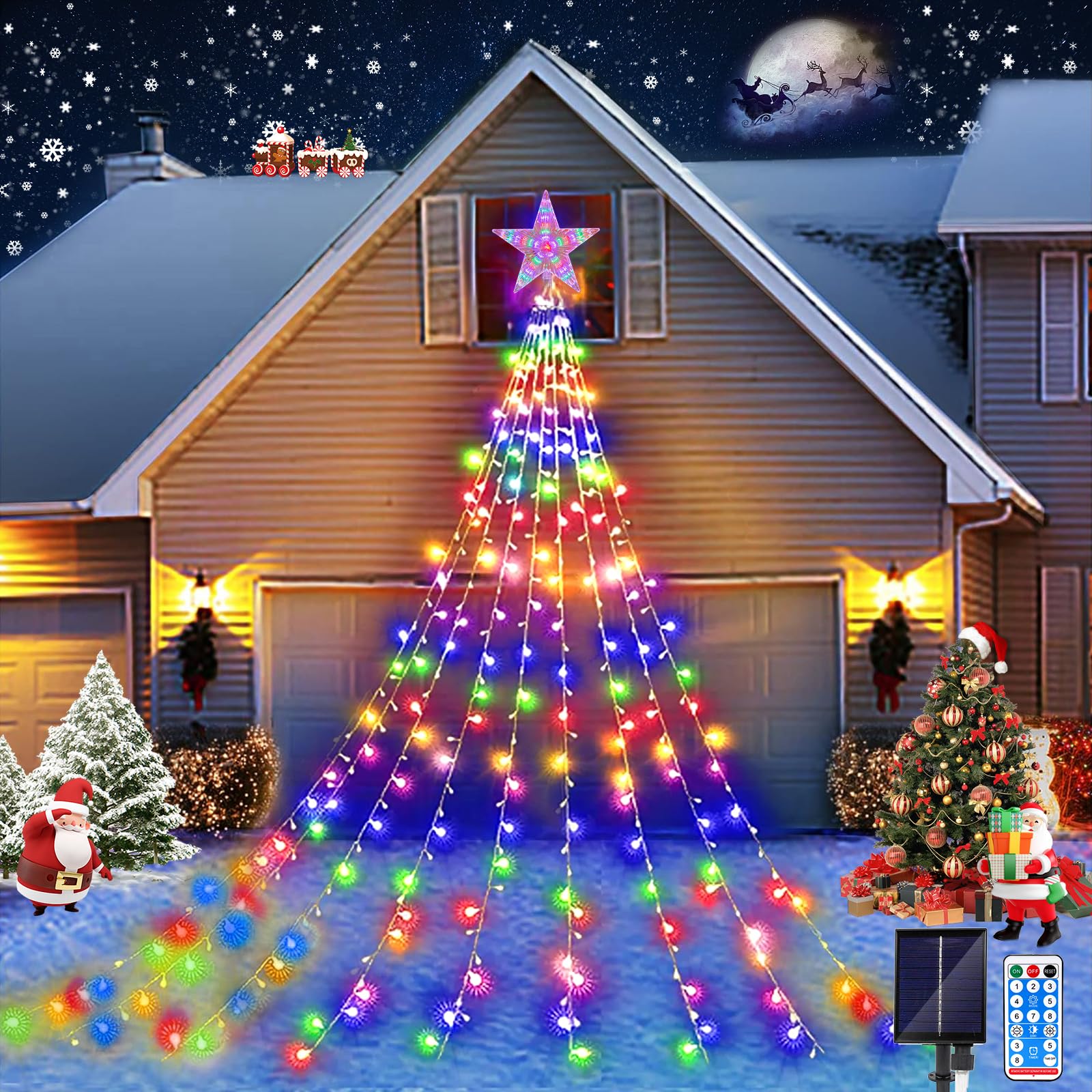 JIMACRO Outdoor Christmas Light, 2 m x 9 Branch Solar String Lights Christmas Tree with Star, 198 Waterproof LEDs 8 Modes Christmas Tree String Lights with Timer for Garden, Festivals