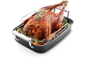 HONGBAKE Turkey Roasting Pan with Rack (U-Shaped), 17.6×11 Inch Nonstick Roaster Pan for 17 lb Turkey, Chicken and Lasagna, O