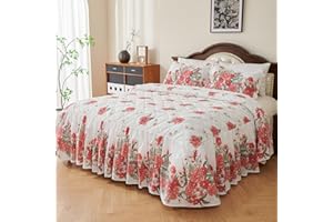 EVENHUG Ruffle Skirt Queen Size Bedspread Set Red Floral 100% Cotton Quilt Bedding Sets with Pillow Shams Lightweight Soft Coverlet Bed Spreads Sets 3 Piece (Queen, 60"x80")