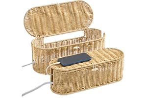 FairyHaus Cable Management Box 2Pack Caramel, Handwoven Large and Small Cable Organizer Box Cover to Hide Cords and Power Strip, Imitation Wicker Cord Organizer Box Hider for Office Desk and Floor