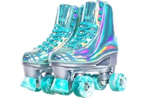 JajaHoho Roller Skates for Women, Holographic Rollerskates, Shiny Double-Row Four Wheels Quad Skates Girls Outdoor (Green)