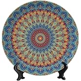Bictucem Colorful Decorative Plates, 8 Inch, Blue Mandala Boho Round Display Plate, Decorative Plates with Stand, for Kitchen Party Coffee Table Decor Art