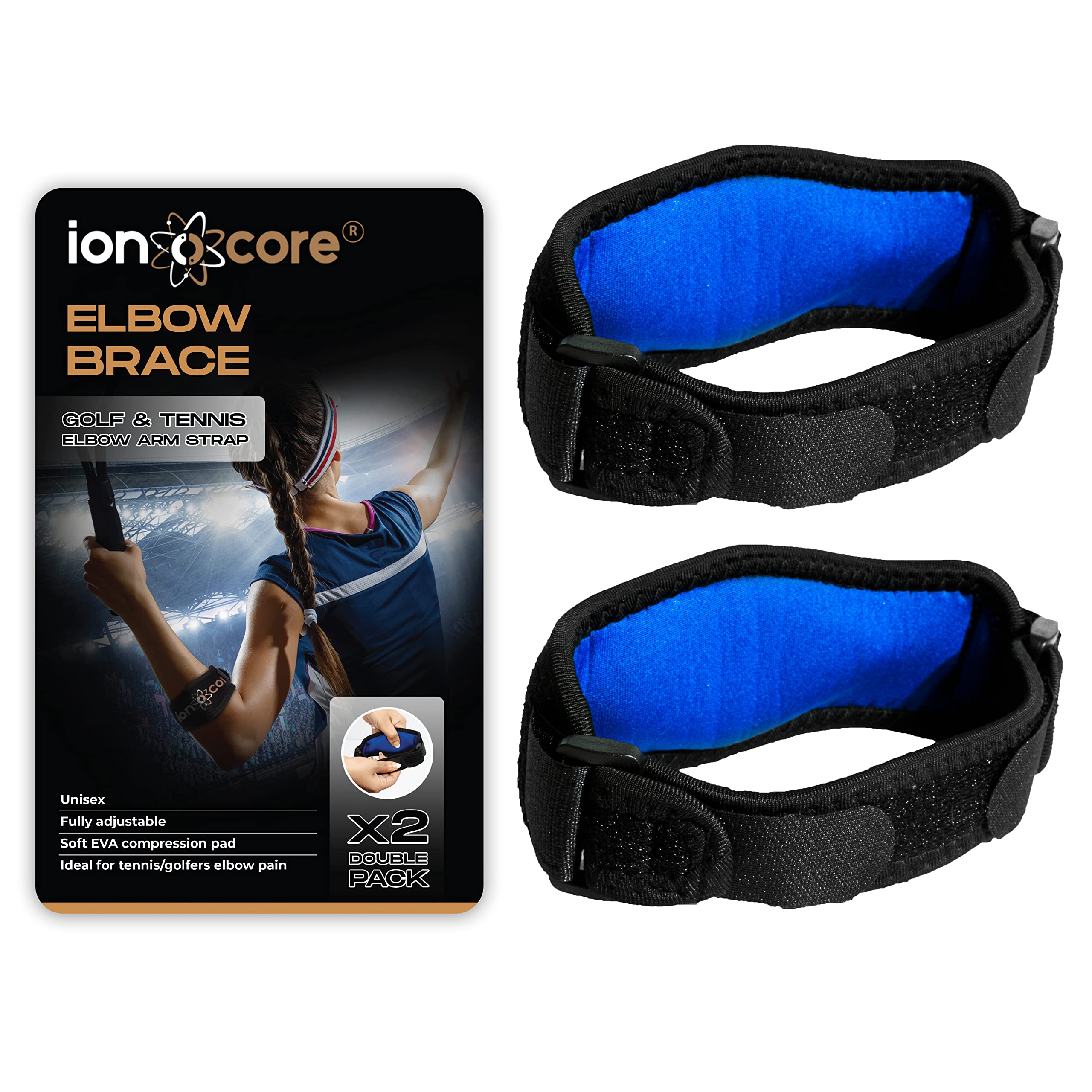 ionocore Tennis Elbow Support Strap - Golfers Elbow Support for Men & Women - for Rapid Pain Relief & Recovery - Elbow Brace with EVA Compression Pad & Adjustable Tennis Elbow Supports