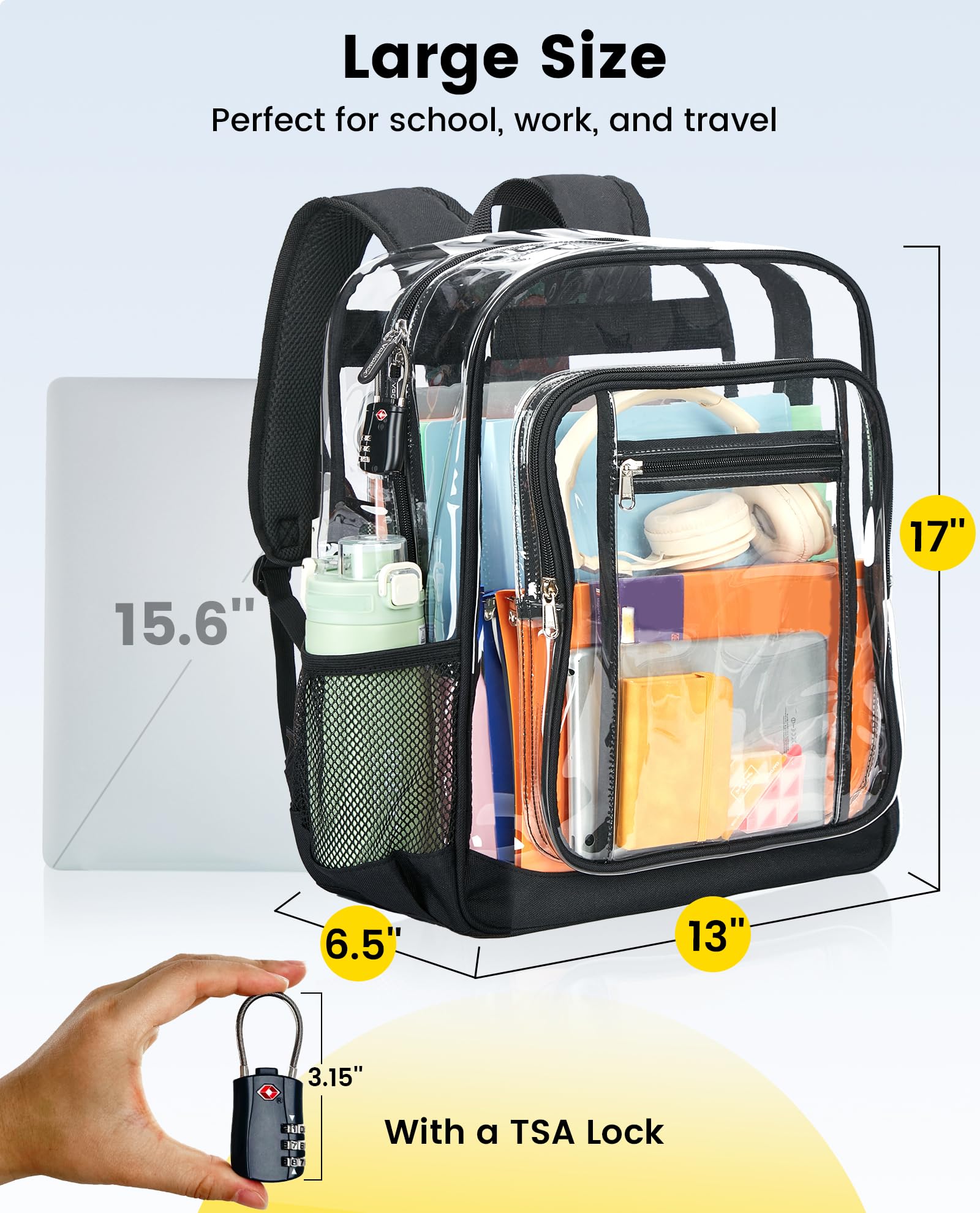 Vorspack Clear Backpack Heavy Duty - Extra Large Clear Backpacks with TSA Lock Transparent See Through Bookbag for School, Work, College, Travel - Black