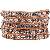 KELITCH Crystal Gray Beaded 5 Wrap Bracelet On Lvory Leather Handmade Jewelry