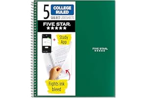 Five Star Spiral Notebook + Study App, 5 Subject, College Ruled Paper, 8-1/2" x 11", 200 Sheets, Fights Ink Bleed, Water Resistant Cover, Forest Green (72079)