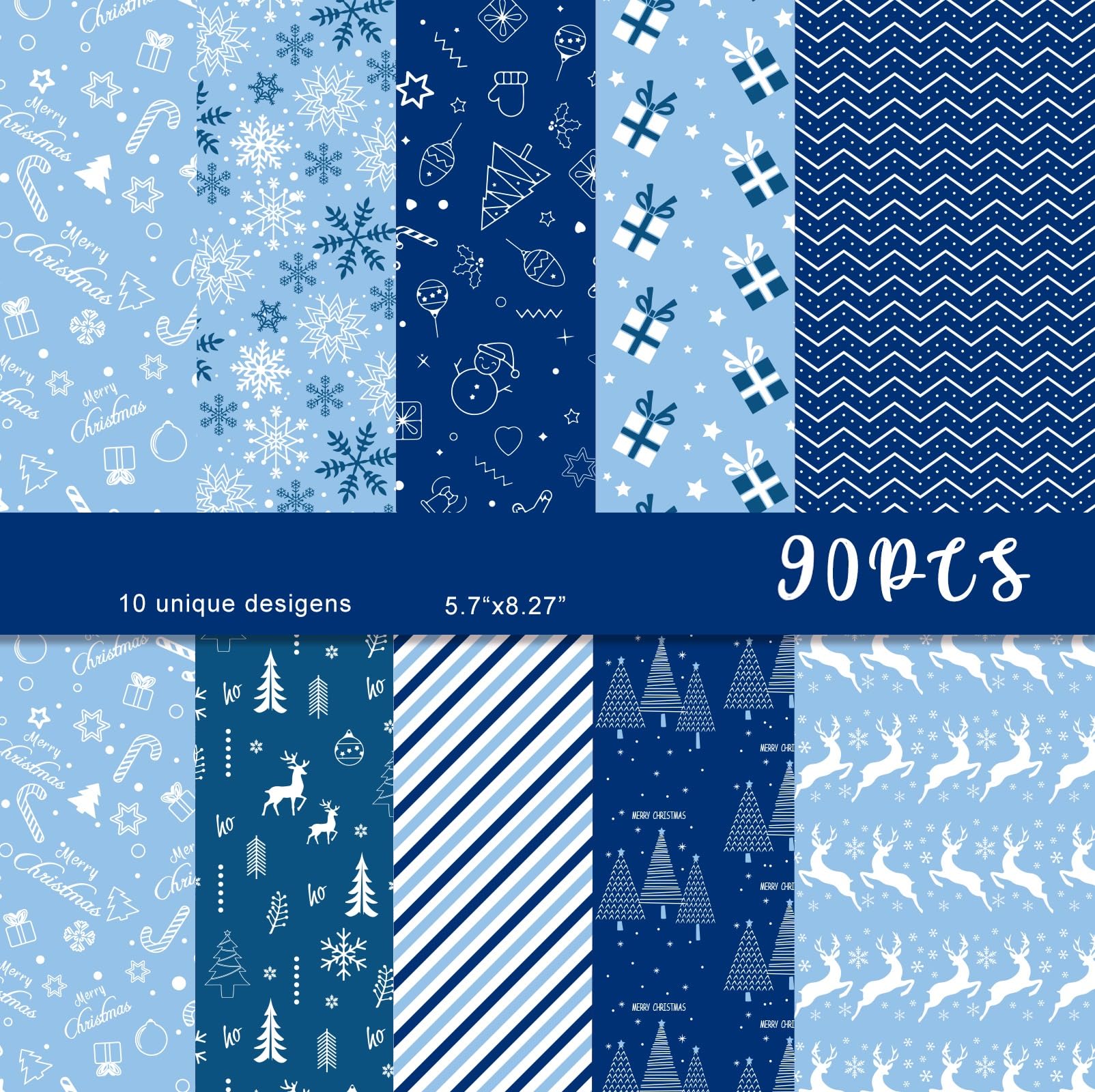 MIAHART 90 Sheets Merry Christmas Pattern Paper Set 10 Designs A5 Size Festival Decorative Craft Paper for Card Making Scrapbook (Blue & White, A5-90)