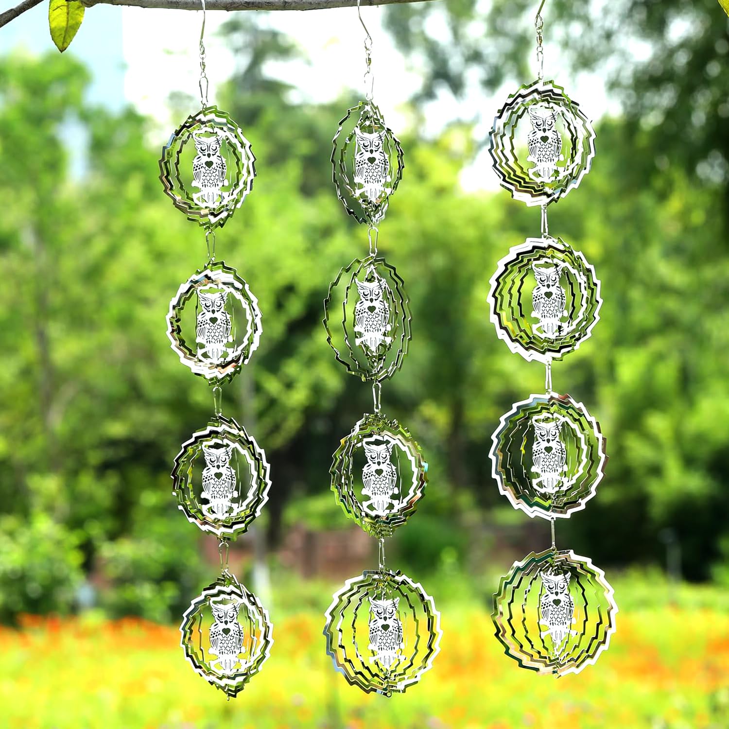 3 Piece Set Owl Bird Deterrent Discs Glittering Wind Chimes Outdoor Garden Yard Decoration Reflective Wind Chimes to Keep Birds Away Silver Round Owl