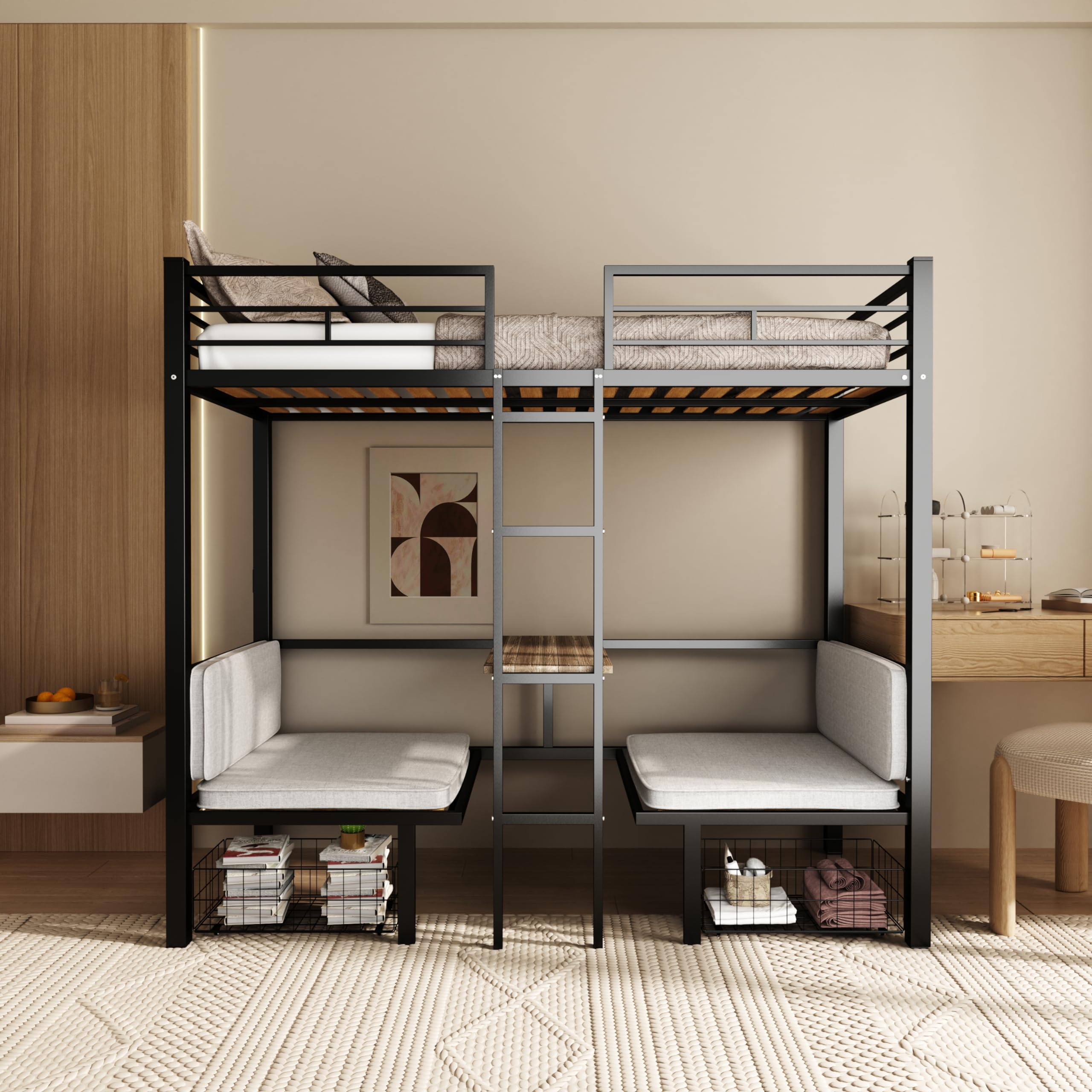 Photo 1 of ** SIMILAR **PVWIIK Twin Size Loft Bed with Desk for Dormitory,Living Room,Bedroom,Metal Bed Frame w/Wood Slats Support/Table Sets Transformable to Twin Over Twin Bunk Bed,Black?Cushion Not Included?