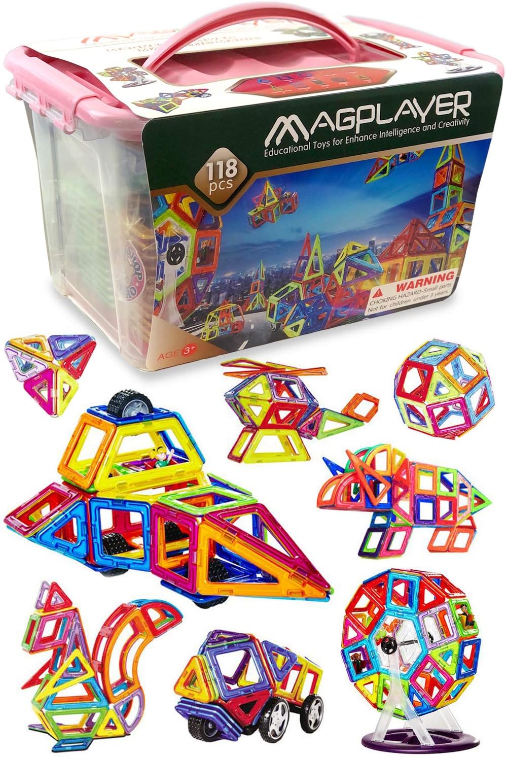 Amazon マグプレイヤー ボックスケースセット くるま 観覧車 人形パーツ はめ込みブロック付属セット 創造力を育てる知育玩具 収納ケース ガイドブック付き ピンクケース 1ピース ブロック おもちゃ