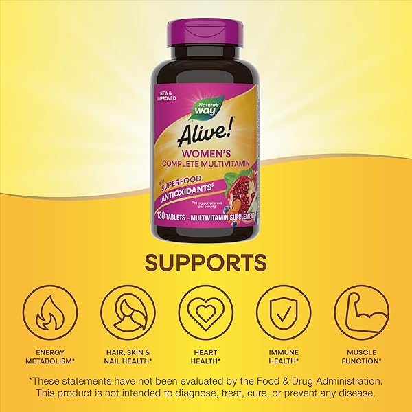 NATURE’S WAY ALIVE! DAILY COMPLETE MULTIVITAMIN FOR WOMEN, SUPPORTS ENERGY METABOLISM, HAIR, SKIN & NAILS*, B-VITAMINS, SUPERFOOD ANTIOXIDANTS, 130 TABLETS (PACKAGING MAY VARY)