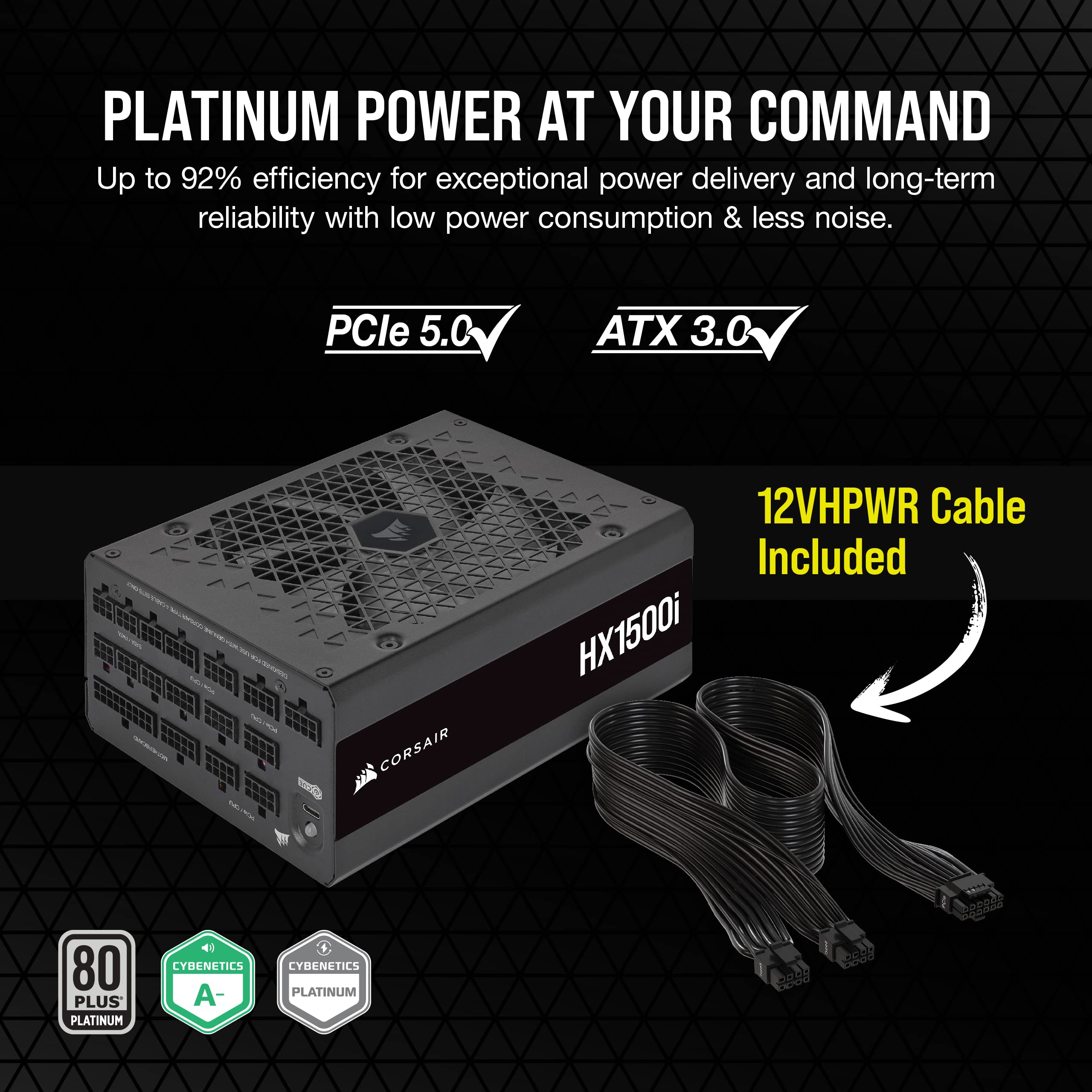 Corsair HX1500i Fully Modular Ultra-Low Noise ATX Power Supply - ATX 3.1 & PCIe 5.1 Compliant - Fluid Dynamic Bearing Fan - CORSAIR iCUE Software Compatible - 80 Plus Platinum Efficiency - Black