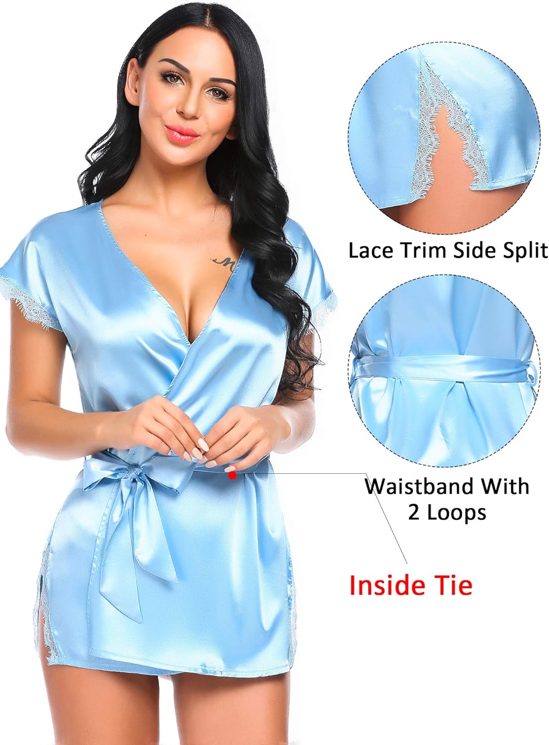 Avidlove Women Lingerie Robe Satin Lace Trim Sexy Kimono Robes with Inside Ties at  Women’s Clothing store