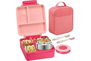 ITSLIFE Bento Lunch Box for Kids with 8oz Soup Thermo&Lunch Bag, Leak-Proof Lunch Food Containers with 4 Compartment, Hot Food Insulated Food Jar for Kids School (Pink)