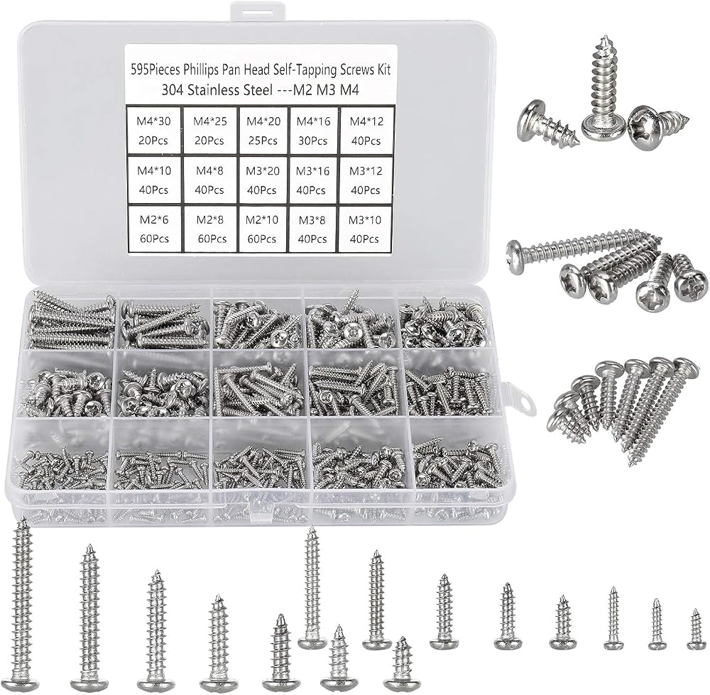 FandWay 304 Stainless Steel Self-Tapping Screws Set M2 M3 M4 Assortment 595Pcs
