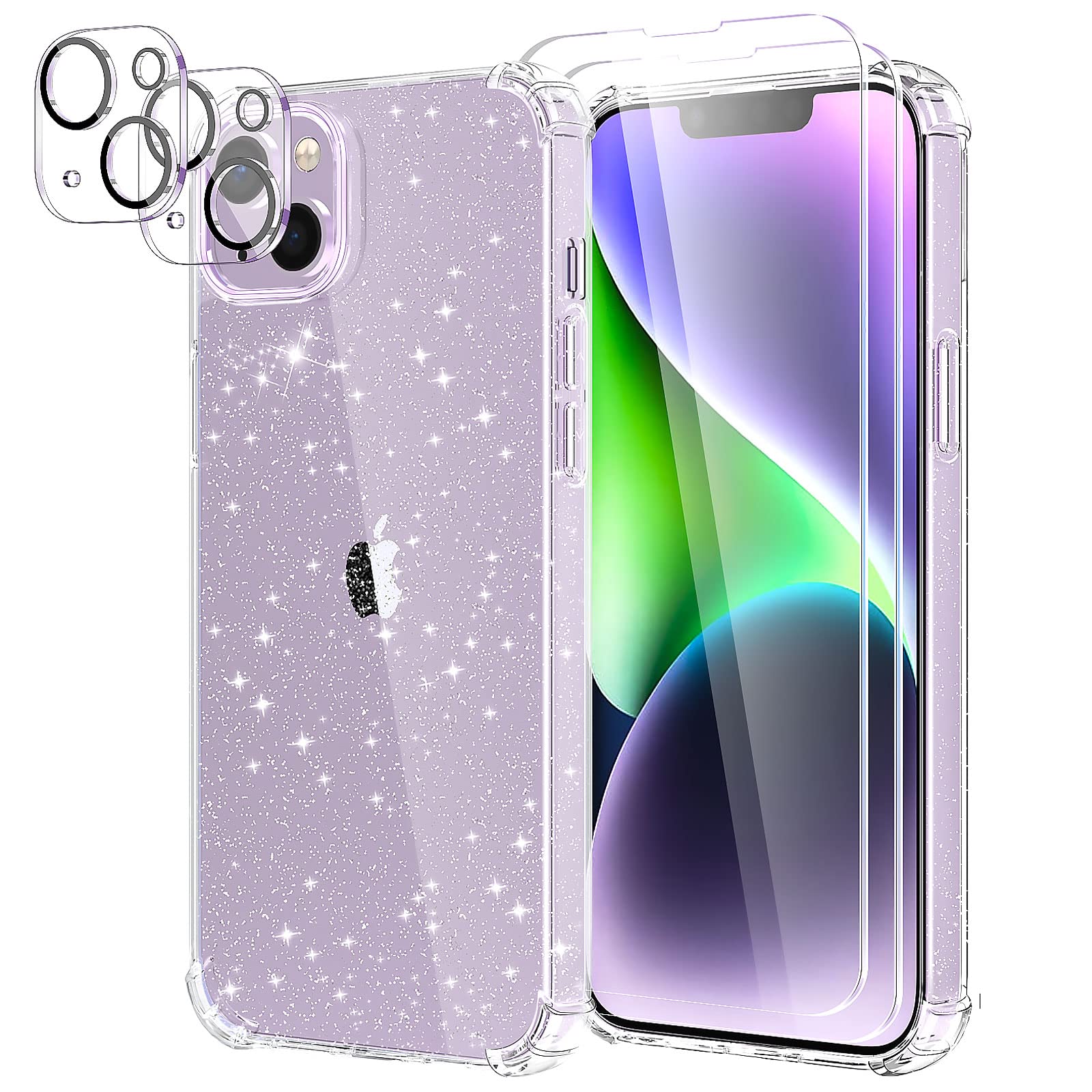YIRSUR Glitter Case Compatible with iPhone 14 with 2 Pack Screen Protector and 2 Pack Camera Lens Protector, Glitter Air Cushion Soft TPU Bumper Anti-Scratch Shockproof Sparkly Cover for iPhone 14 — image 1