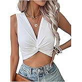 OYOANGLE Women's Twist Front Deep V Neck Ruched Tank Top Ribbed Knit Sleeveless Slim Fitted Crop Tops