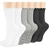 Justay 6 Pairs Womens Pilates Socks with Grips Crew Non Slip Ruffle Cotton for Athletic Workout Barre Hospital Yoga Socks