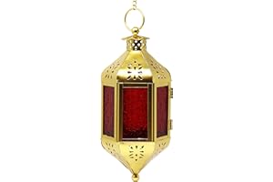 VELA LANTERNS Gold Hanging Decor Moroccan Lamp Decorative Lantern Indoor Outdoor Candle Holder for Patio or Porch, Weddings, Christmas, Red Glass