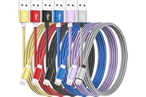 Braided USB to Lightning Cable Compatible with iPhone, 6-Pack Nylon Charging Cord in Gold, Red, Black, Blue, Purple, Silver