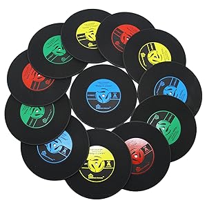 DuoMuo Coaster Set of 12 Vinyl Record Disk Coasters for Drinks - Tabletop Protection Prevents Furniture Damage - Silicone Drink Coasters