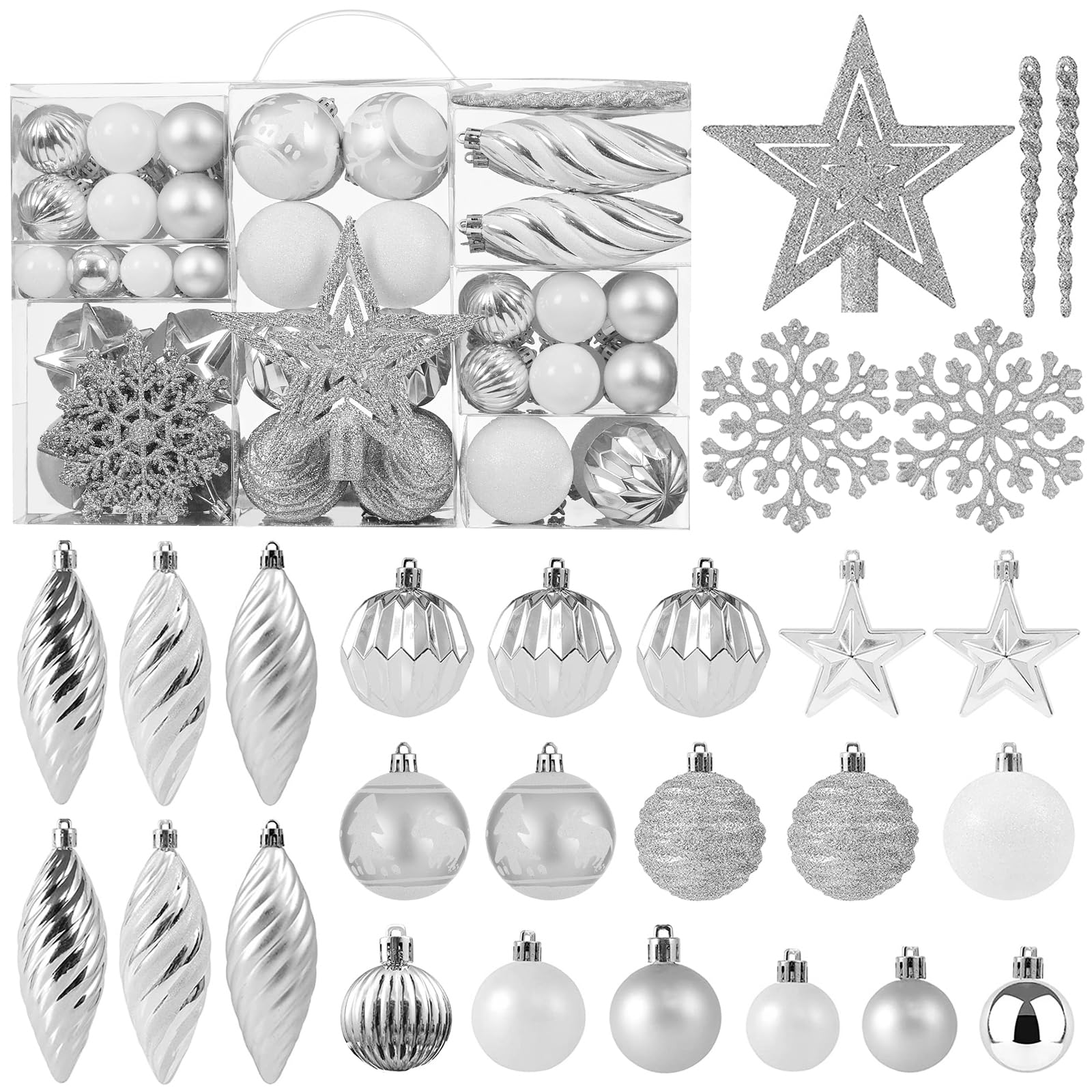 Photo 1 of 100ct Christmas Ball Ornaments Set - Assorted Shatterproof Hanging Tree Ornament Set with Reusable Hand-held Gift Package for Xmas Tree Holiday Party and Home Decor (Silver)