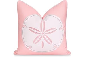 Hofdeco Premium Coastal Patio Indoor Outdoor Throw Pillow Cover Only, 20"x20" Water Repellent for Backyard, Couch, Blush Pink Embroidered Sea Life Sand Dollar with Piping