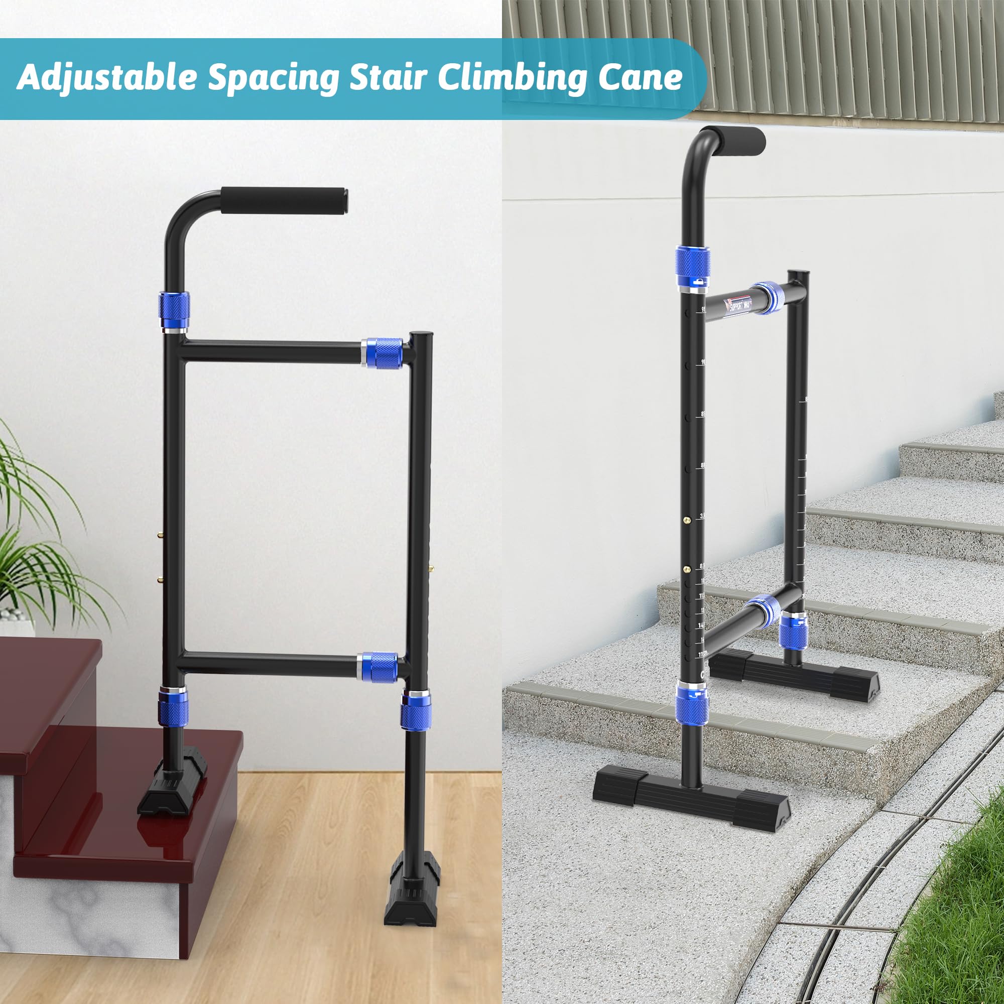 Height & Width Adjustable Stair Assist Cane for Seniors, Customizable to fit Most Indoor/Outdoor Steps, Wide Anti-Slip Base, Professional Stair Climbing Assist Cane for Sore Knees & Post-Surgery