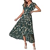 Simplee Womens Summer Floral Maxi Dress 2026 Short Sleeve V Neck Belted Mesh Hem Split Flowy Beach Wedding Guest Dresses