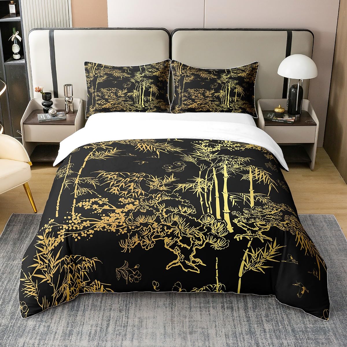 Loussiesd Luxury Black Gold Cotton Duvet Cover Set King Size Bamboo Bedding Set for Man Woman Senior Bedroom,Eastern Botanical Comforter Cover Set Set Oriental Gift Quilt Cover Fashion Decor 3 Pcs