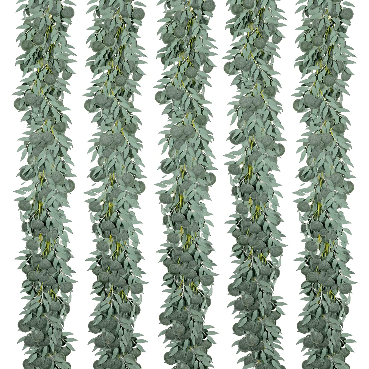 Photo 1 of Kisflower 5 Pack 6.56FT Green Eucalyptus Garland for Decoration Table with Willow Leaves Greenery Garland Fake Hanging Plants Vines for Wedding Arch Decor Party Room Home Garden Office Wall Decor