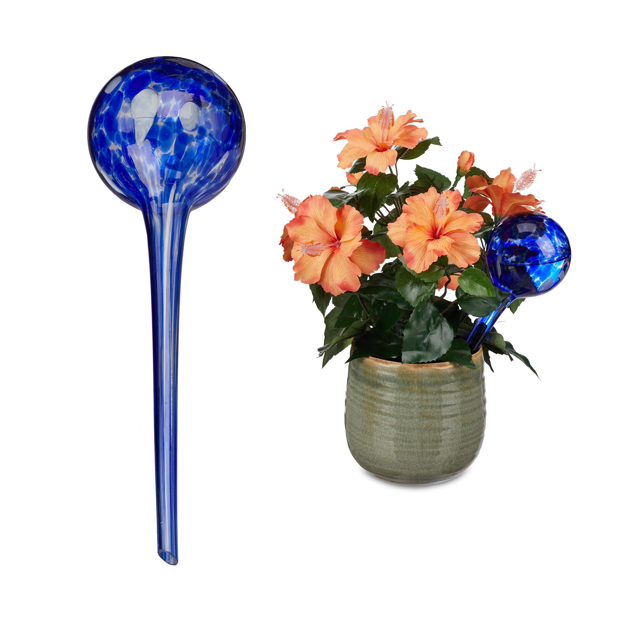 Relaxdays Watering Globes Set of 2, Regulated Plant Irrigation for Office & Holiday, Glass, Ø 9 cm, Blue