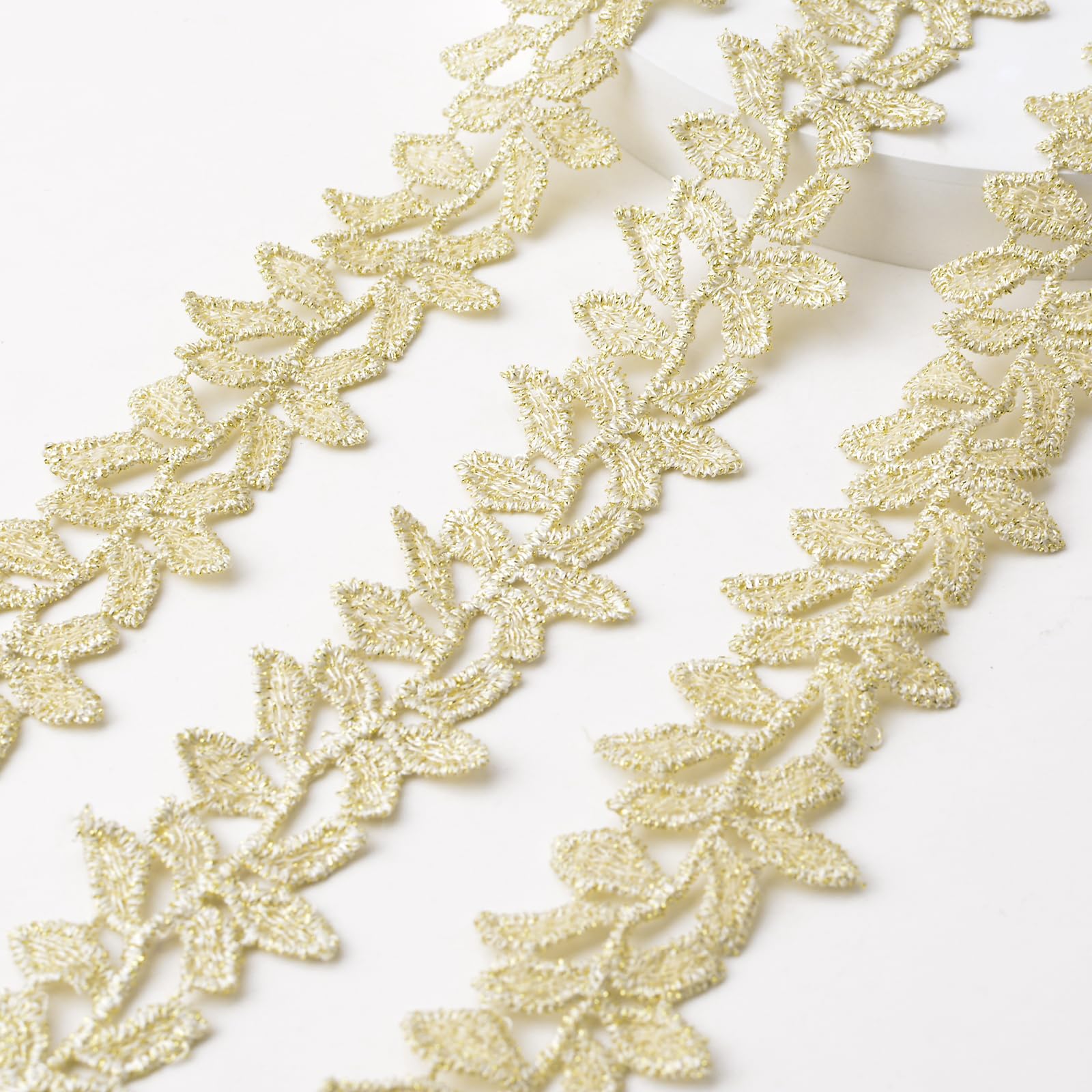 URROMA Pale Gold Leaves Lace Trim, 10 Yards Fabric Lace Trim Ribbon for DIY Sewing Craft Wedding Ribbon