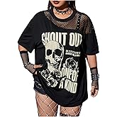Verdusa Women's Plus Size Skull Letter Mesh Tees Y2k Punk Studded Half Sleeve T Shirt