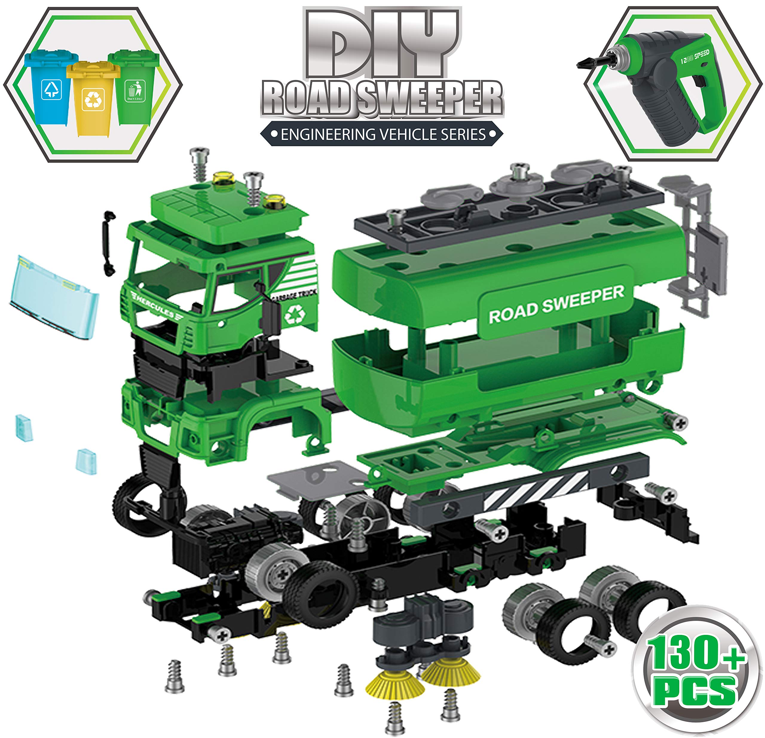Street Sweeper Toy - 130 Pcs Friction Power STEM Take Apart Toys with Drill, Push & Go Lights & Sounds for Kids - Sanitation Trash Construction Vehicle Playset for Boys Ages 4 5 6 7 8 Years Old