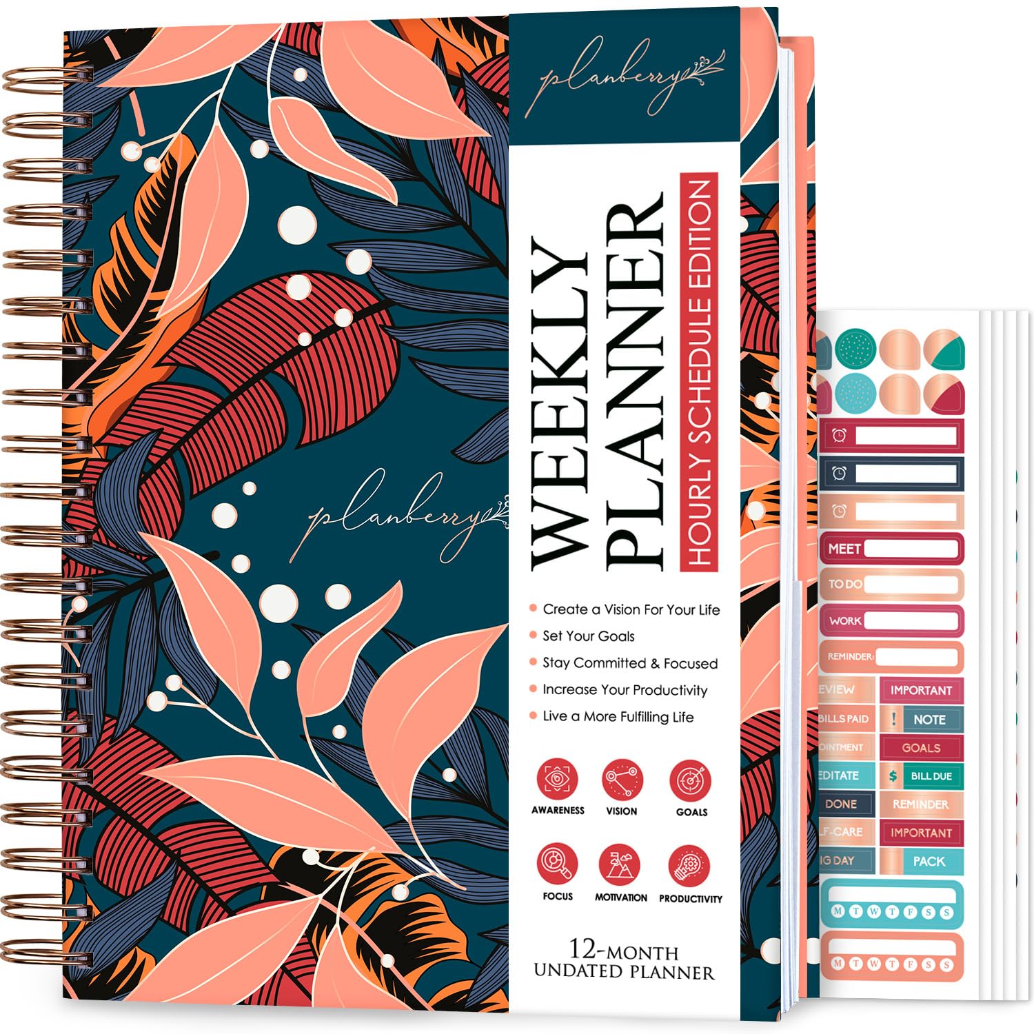 PLANBERRY Large Hourly Schedule Planner Premium – Undated Organizer for Productivity, Time Management & Budget, 20x27cm (Tropical Night) — image 1