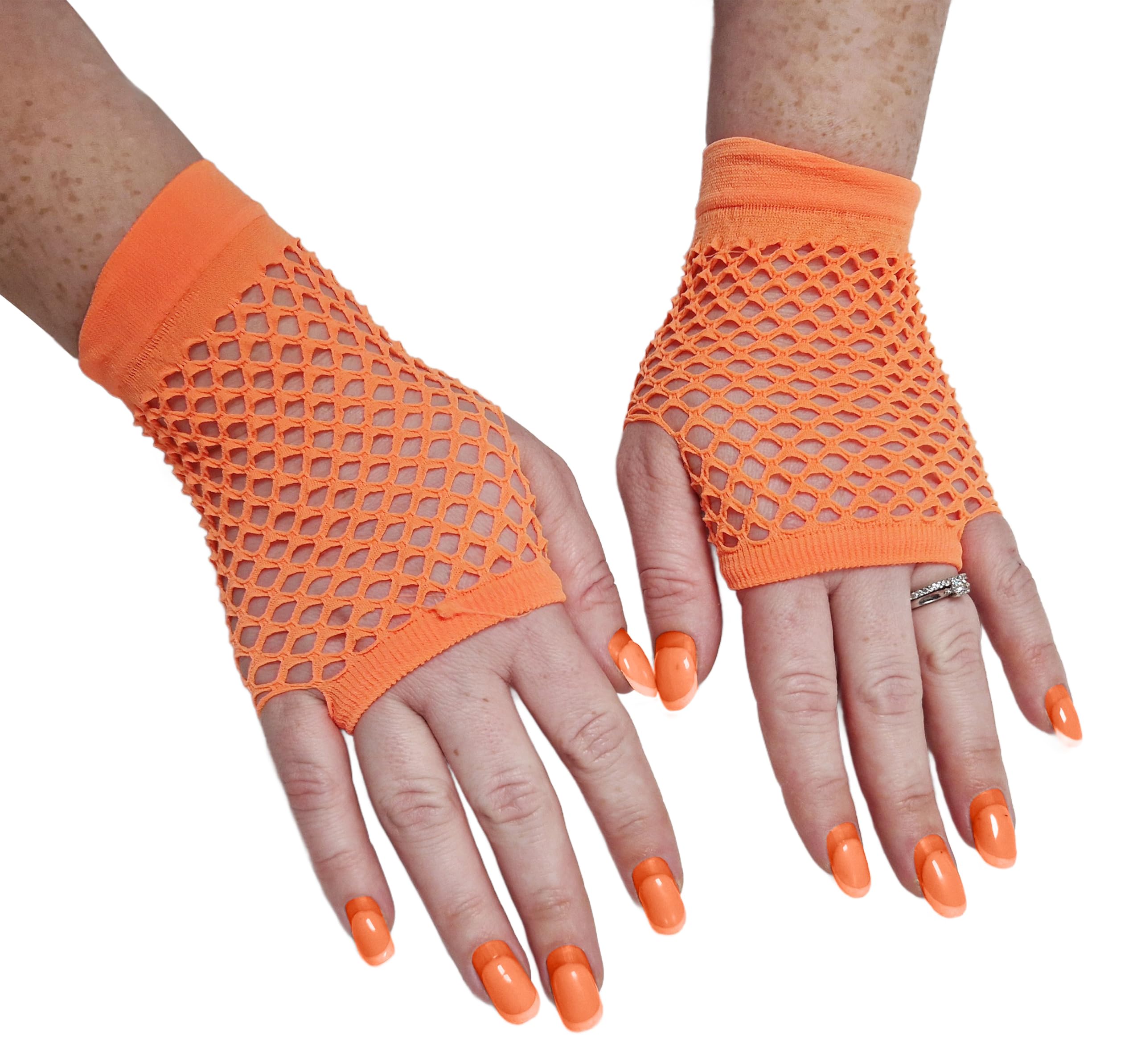 Komonee Short Fishnet Gloves Fingerless Mesh, Wrist Length Orange Net for Women, Stretchy Sheer Edgy Costume Accessory for Rave Cosplay Halloween 80s Party, One Size