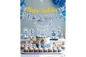 GRULLIN Watercolor Blue Robot Birthday Party Decorations Set - Prestrung Robotic Birthday Banner Garland, Cake Cupcake Topper