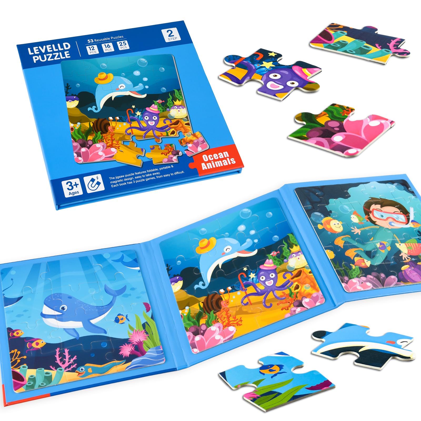ASTARON Magnetic Puzzles for Toddlers, 12-16-25 Pieces Ocean Learning Magnet Puzzles for Road Trip, Educational Travel Toys Car Plane Activities for Kids, Kids Birthday Gifts
