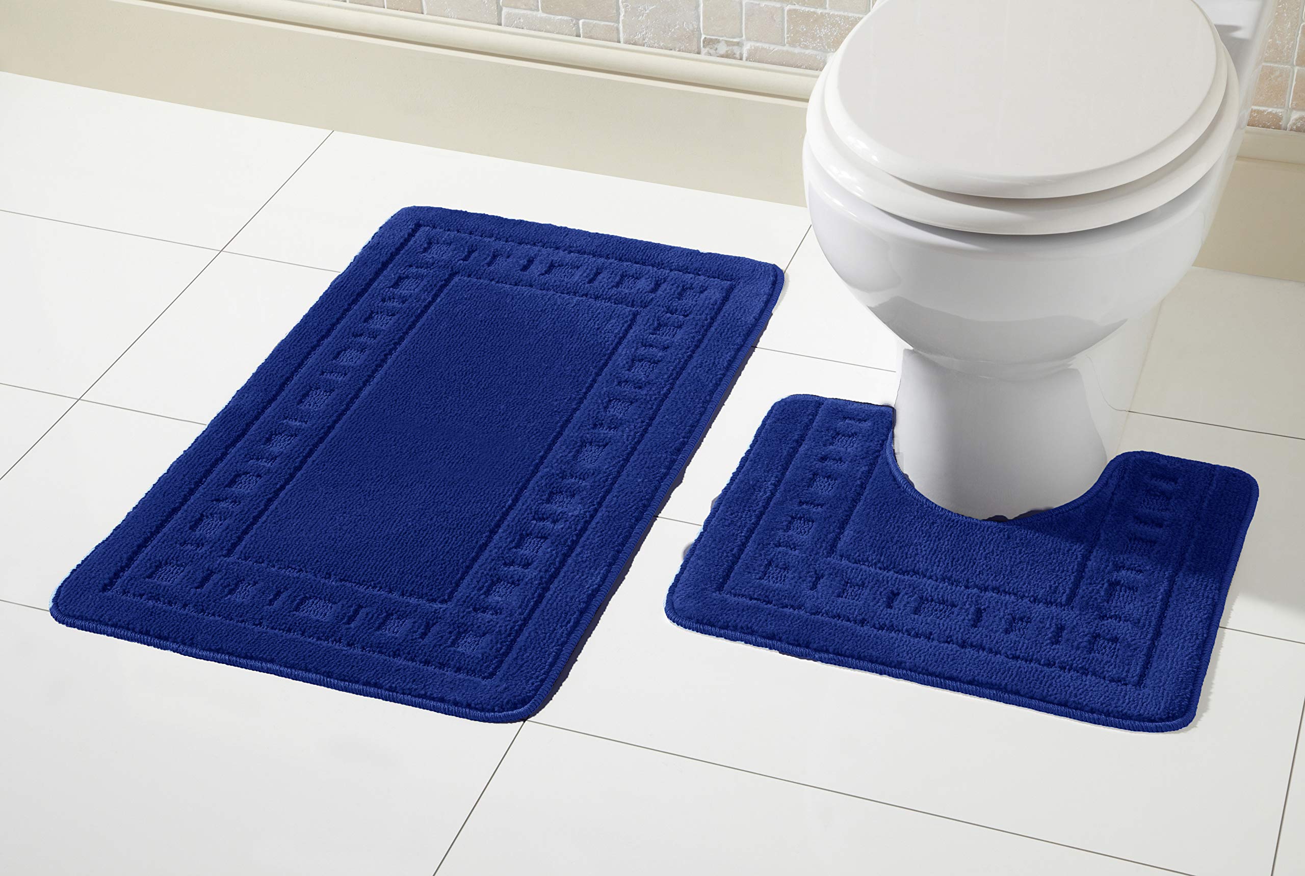 Olivia Rocco Miami 2 Piece Bath Mat & Pedestal Set, Non Slip Bathroom Set (Navy)