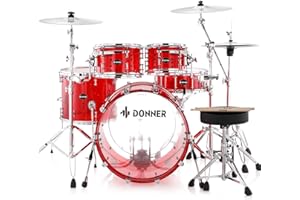 Donner Drum Set Adult 5-Piece with Practice Mute Pad, 22 inch Full-Size Acoustic Drum Kit Transparent Acrylic high-end, Red-DDS-1000p