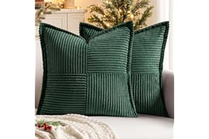 MIULEE Christmas Decorative Throw Pillow Covers for Couch Bed Livingroom 18x18 Inch Set of 2 Dark Green Boho Accent Throw Pllows Broadside Striped Patchwork Soft Corduroy Pillowcases