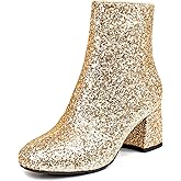 SEIFIN Women's Sequins Glitter Chunky Heel Ankle Boots Sparkly Wedding Bridal Party Dress Shoes Block Mid Heels Side Zipper Booties(Gold,us 6)