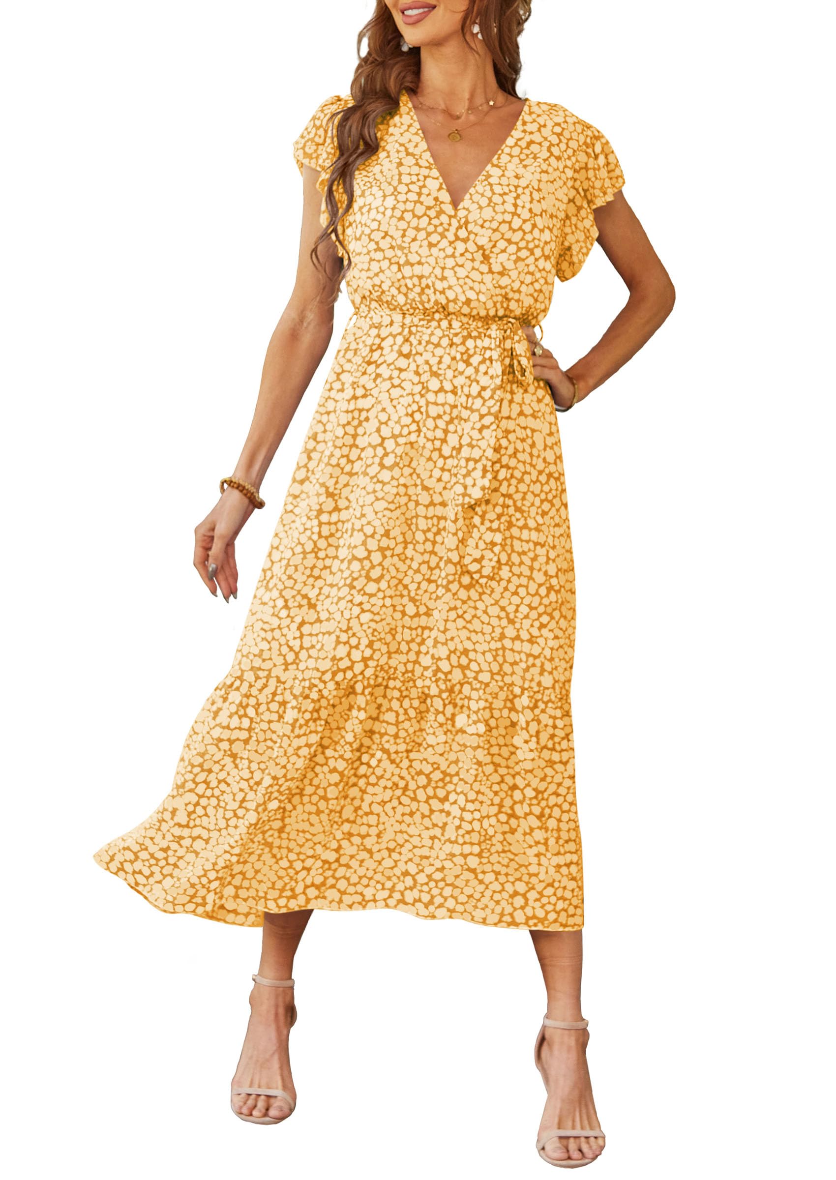 Photo 1 of (MEDIUM) (BAGGED) PRETTYGARDEN Women's Summer Floral Boho Dress Wrap V Neck Short Sleeve Ruffle A-Line Flowy Maxi Wedding Guest Dresses (Yellow,Medium)