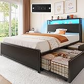 Rolanstar Twin Bed Frame with 4 Storage Drawers, Charging Station and LED Lights, Metal Platform Bed with 2-Tier Storage Headboard, No Box Spring Needed, Easy Assembly, Noise-Free, Black