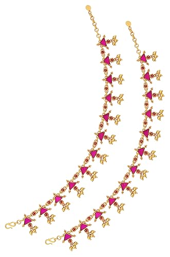 Amrapali Navrang Gold Plated Triangle Rawa Charm Ball Drop Pink Glass Anklets for Women (TBAAN-001(G))