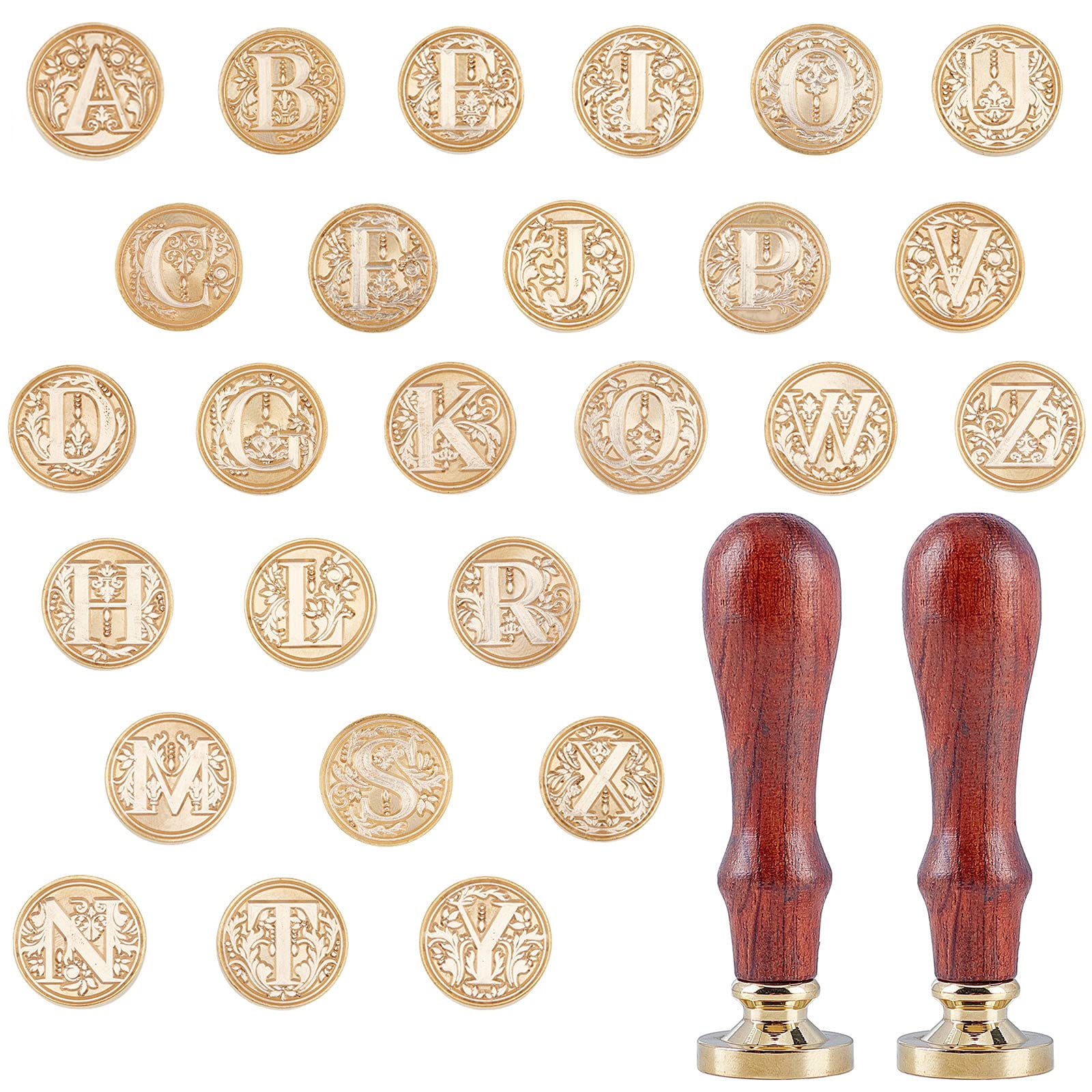 CRASPIRE Alphabet Initials Sealing Wax Stamp Set, 26 Letters A-Z Wax Seal Stamp Heads with 2PCS Wooden Handle for Wedding Invitations Envelope Cards Bottle Gift Decoration